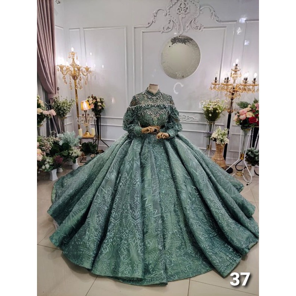 gaun pengantin premium mewah terbaru hijau wardah