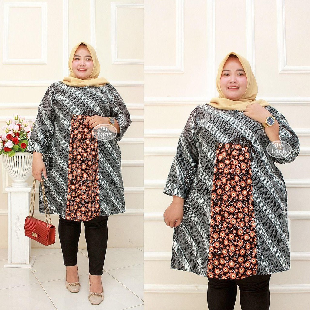 Tunik batik Wanita Ukuran Jumbo LD 140cm Resleting Belakang Bahan Katun Adem Di Pakai Serap Keingat