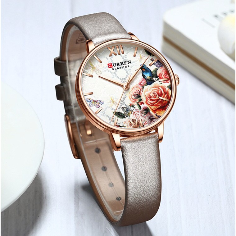 Jam Tangan Wanita Curren Flower Dial 9060L Tali Kulit &amp; Tali Pasir Original