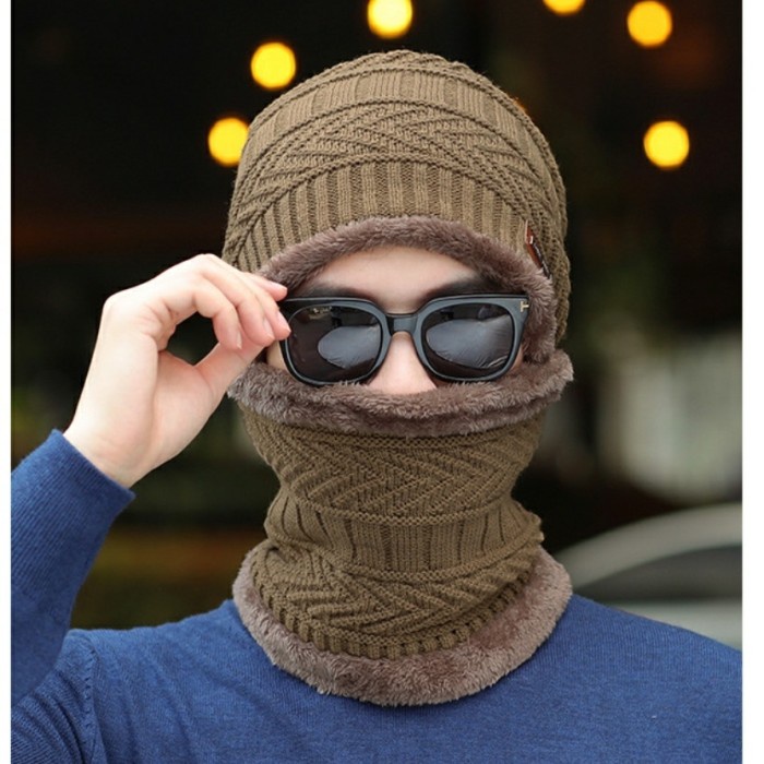 topi bucket wanita Kupluk Syal Wanita Pria Set Perlengkapan Musim Dingin Bahan Tebal - Khaki Coklat 