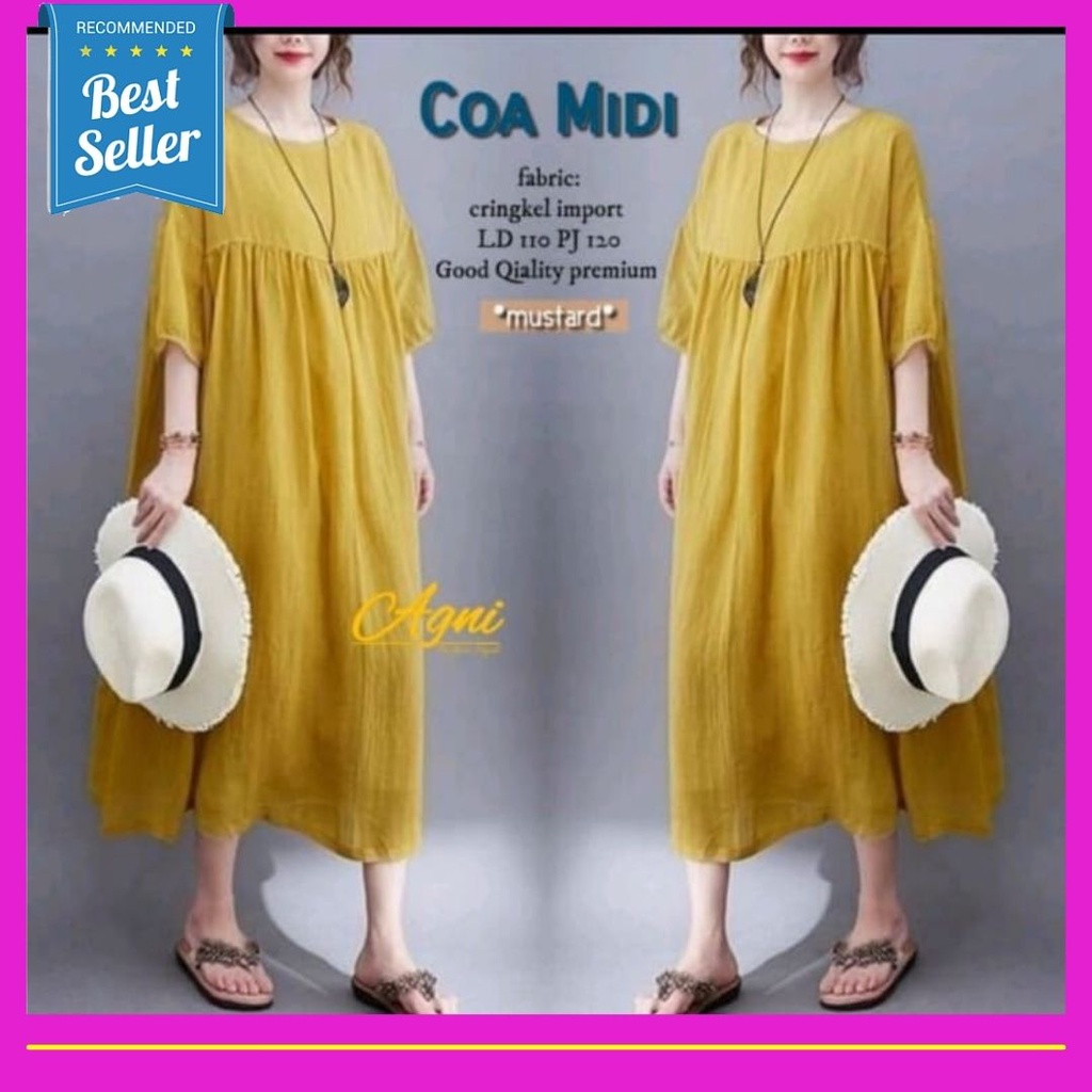 Coa Midi Dress Baju Gamis Tanggung Harian Kondangan Pengajian Bahan Crinkle Import Busana Muslimah K