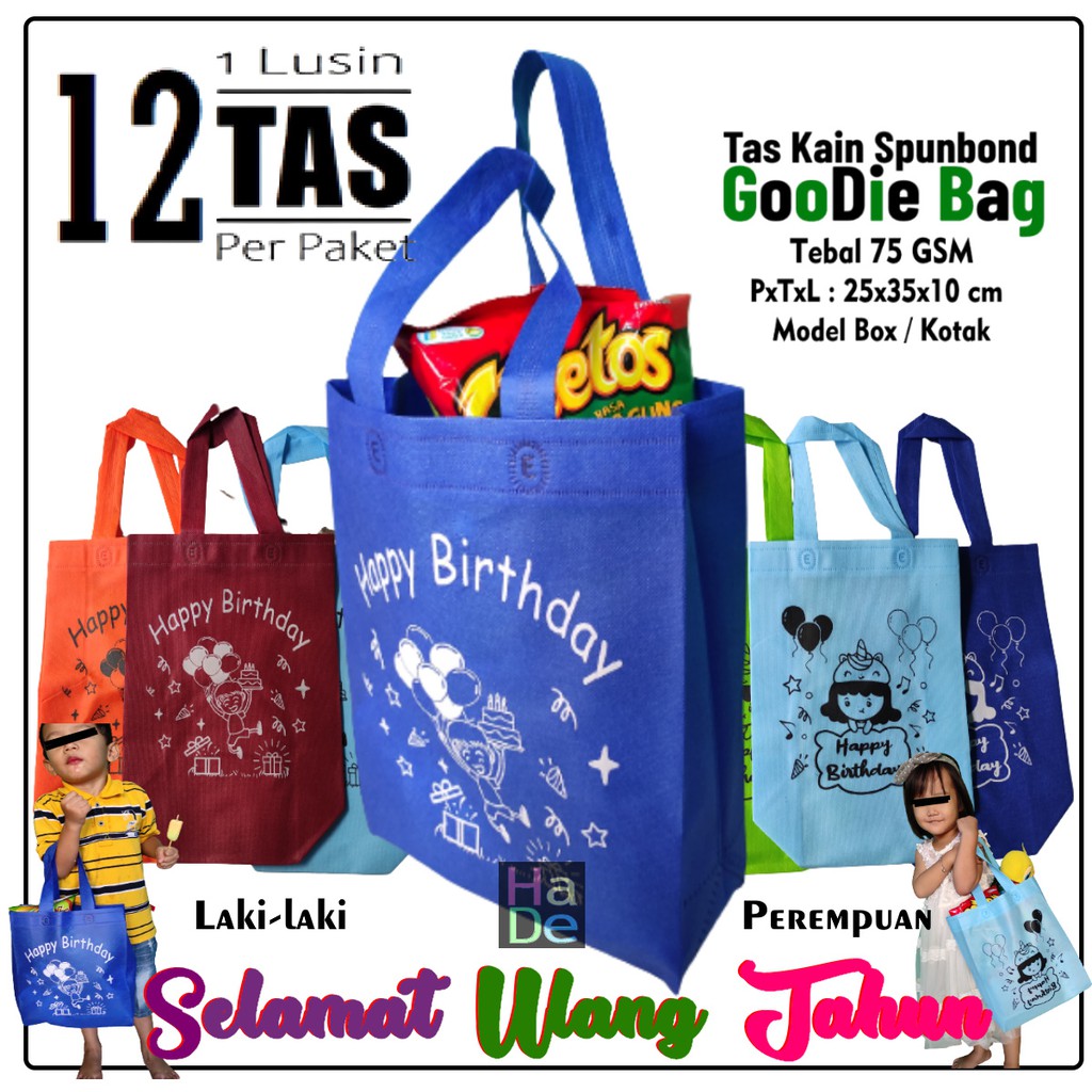 

1 Lusin /12pcs Tas Kain Souvenir Ulang Tahun / Goodie Bag Box Ultah Ukuran M = 25x35x10 cm Untuk Kantong Bingkisan Snack, Nasi Bento / Mika, Goody bag Kado Motif / Karakter Kartun Happy Birdthday Murah