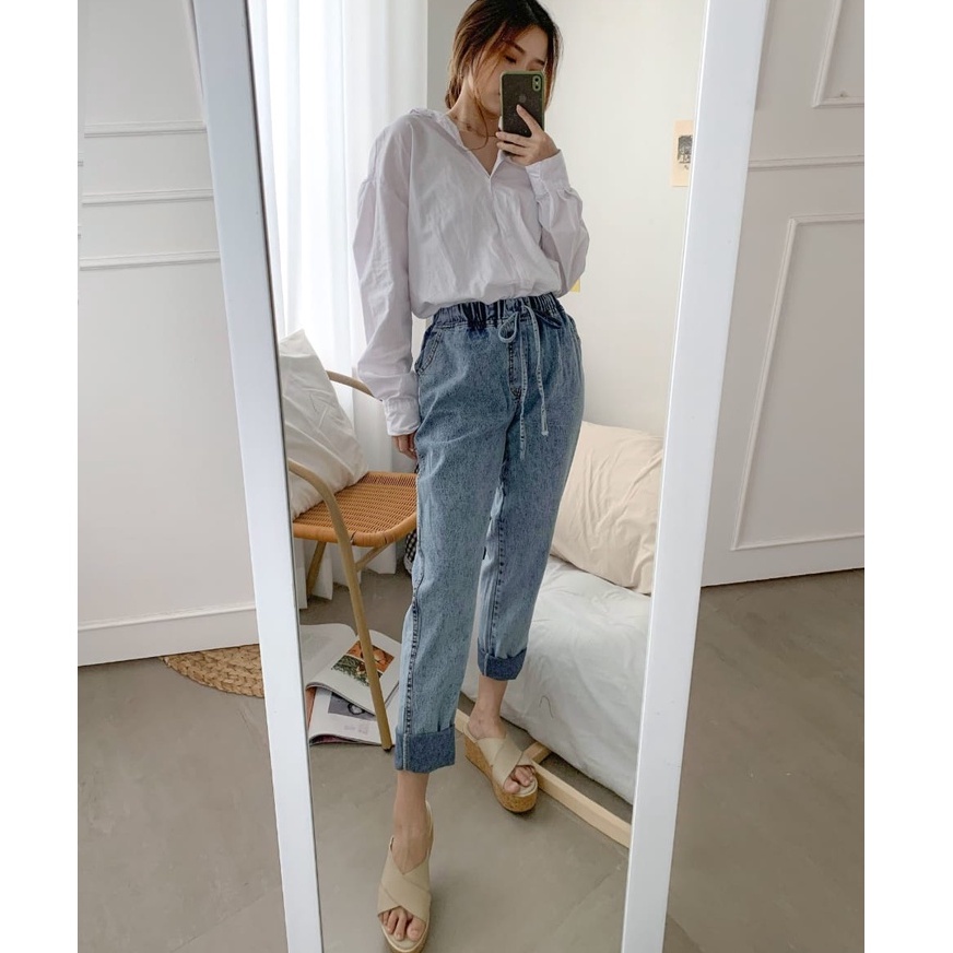 HOPYLOVY Celana Boyfriend Jeans Wanita Pinggang Karet BF Snow Eva