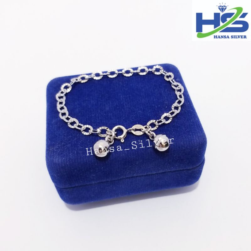 Gelang Perak Anak Bayi Kaki Silver Asli 925 Lapis Emas Putih Rantai Nori Ukir - Perak Asli 925 Anti Karat