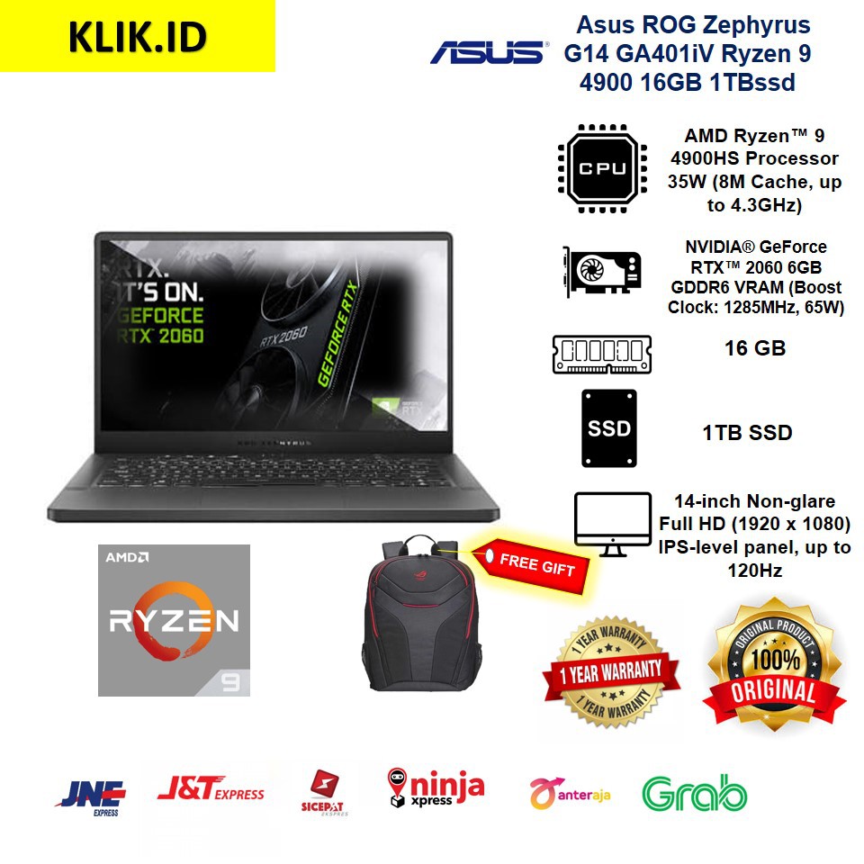 Asus ROG Zephyrus G14 GA401iV Ryzen 9 4900 16GB 1TBssd RTX2060 6GB W10 14.0FHD