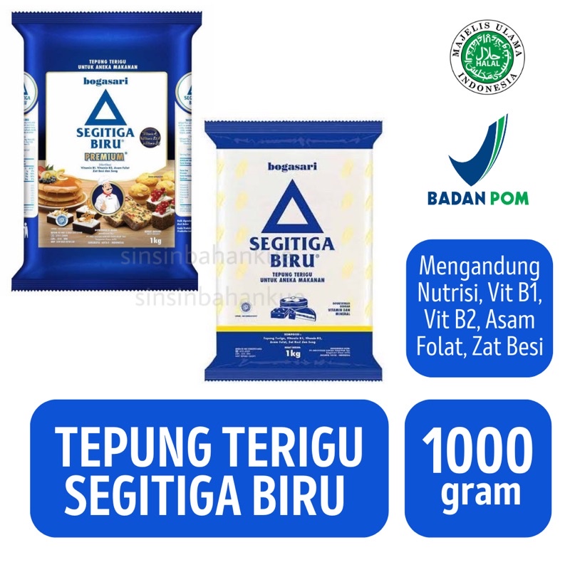 

Tepung Terigu Bogasari Segitiga Biru Premium / Bening [1kg/1000 gram] Ada Kemasan Repack/Loslosan
