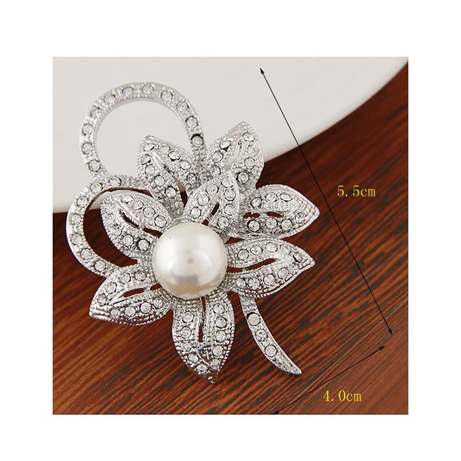 LRC Bross Fashion Silver Color Pearl Alloy Hollow Brooch With Diamond Petals A62256