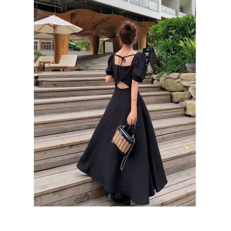 D25 Long dress lengan pendek square neck/ A line/ maxi dress blackles