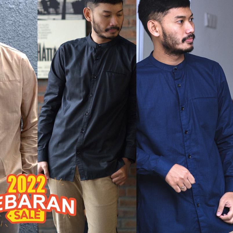 ➱ Kemeja Koko Pria Lengan Panjang Katun Polos Kerah Shanghai Kemko Atasan Formal Kasual | Warna Hita