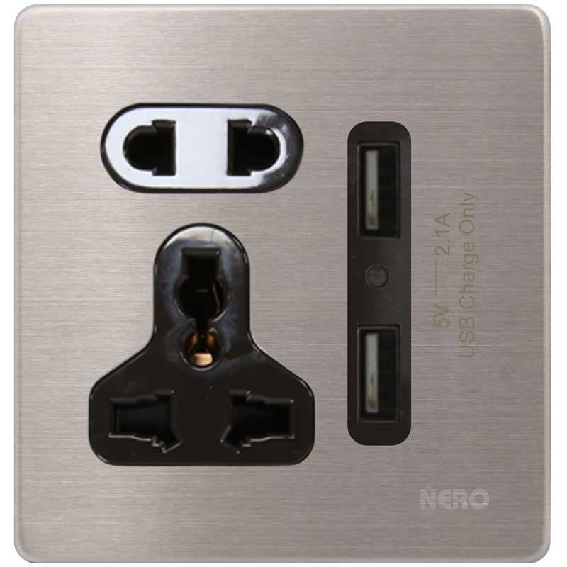 STAINLESS V891-Stainless Stop Kontak Universal + Double Port USB NERO