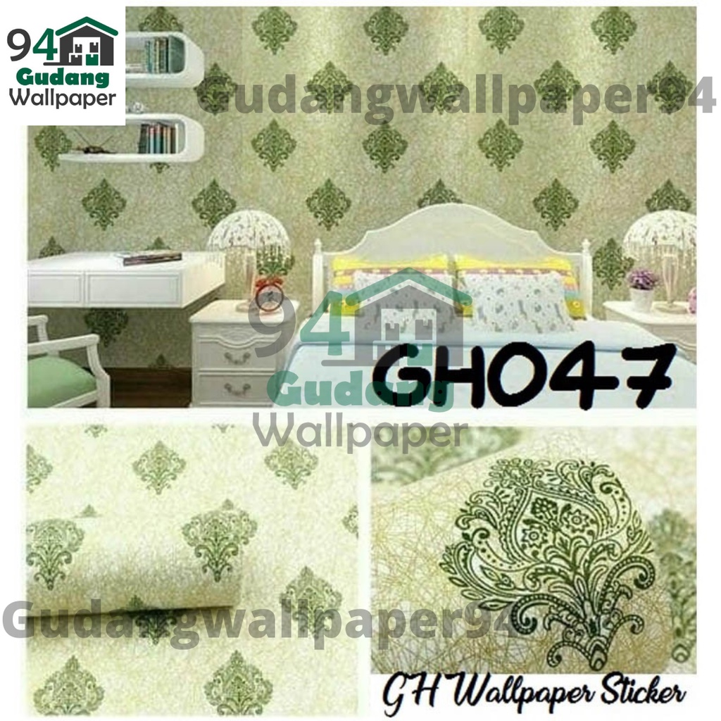 (COD) Gudang Wallpaper Stiker Dinding  Walpaper dinding Kamar Tidur  Wallpaper Promo Benang Hijau Bahan PVC Premium (SUDAH ADA LEM)