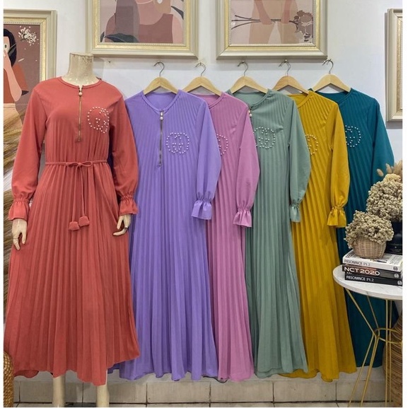 Gamis busui mutiara plisket lengan manset mutiara bahan voxy premium merk latin (P11162)