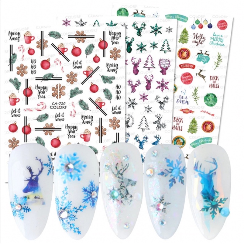 Stiker Nail Art 3D Motif Natal / Rusa / Snowflake Untuk Dekorasi Manicure DIY