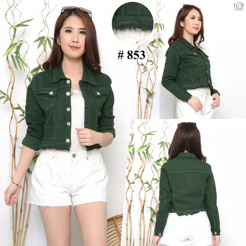 Asia Mode Jaket Jeans Crop Rawis Warna Hijau / Jaket Hijau Botol / Jaket Jeans Hijau Tua/Jaket Hijau