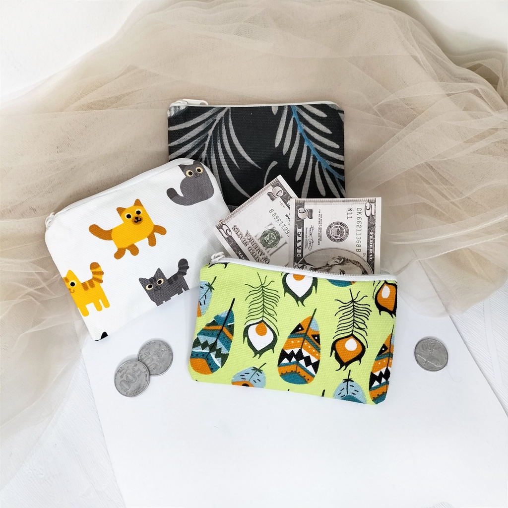 Dompet wanita dompet kain canvas tempat koin dan kartu dompet pembalut