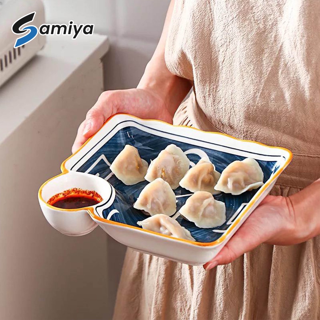 ceramic dumpling plate unik 2in1 / piring makan kecil tempat saus kecap snack dimsum siomay sushi