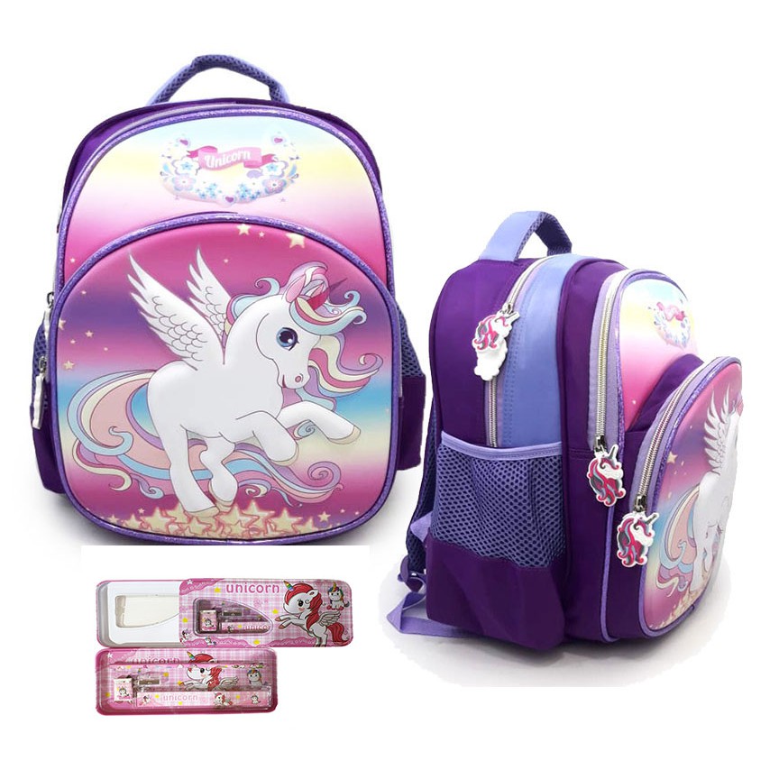 Tas BackPack Anak Sekolah TK Ransel Perempuan Gambar Kuda Pony Love EMBOS SNOW TIMBUL 3Resleting IMPORT