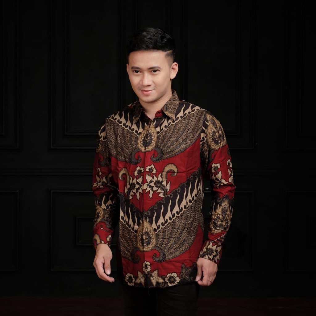 Atasan Batik Pria Lengan Panjang Kenongo Hem Padi Pekalongan M L XL-KMJ-garuda merah
