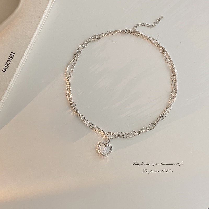 AY(CN) Kalung Rantai Choker Liontin Hati Zircon Lapis Ganda Warna Silver Untuk Wanita