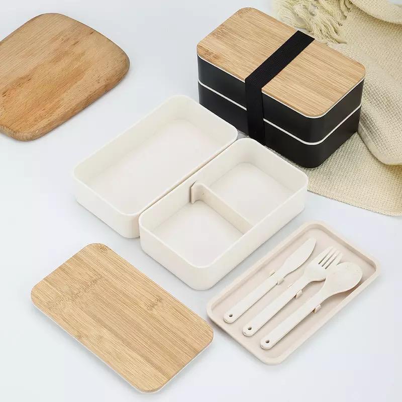 tempat kotak bekal makanan bamboo bento lunch box free sendok garpu pisau / box makan tutup bambu japanese style