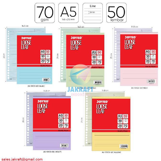 

KERTAS BINDER NOTE JOYKO LOOSE LEAF A5 ISI 50 WARNA 70 GSM (20 LUBANG) - HIJAU MUDA