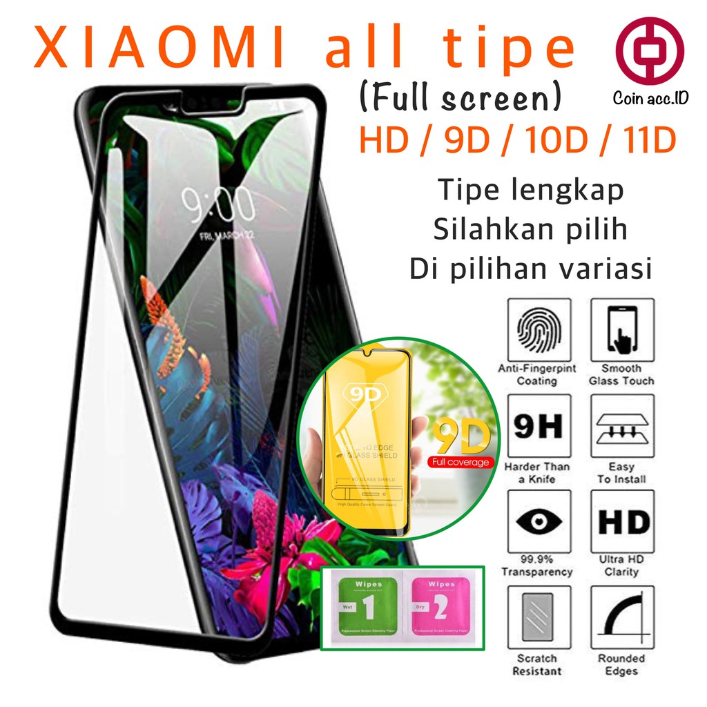 Tempered glass Full 9D XIAOMI/REDMI 4X/4A/5/5A/5 plus/6/6A/6pro/9T/7/7A/MI A2 lite/A1/A3/GO/PLAY/S2