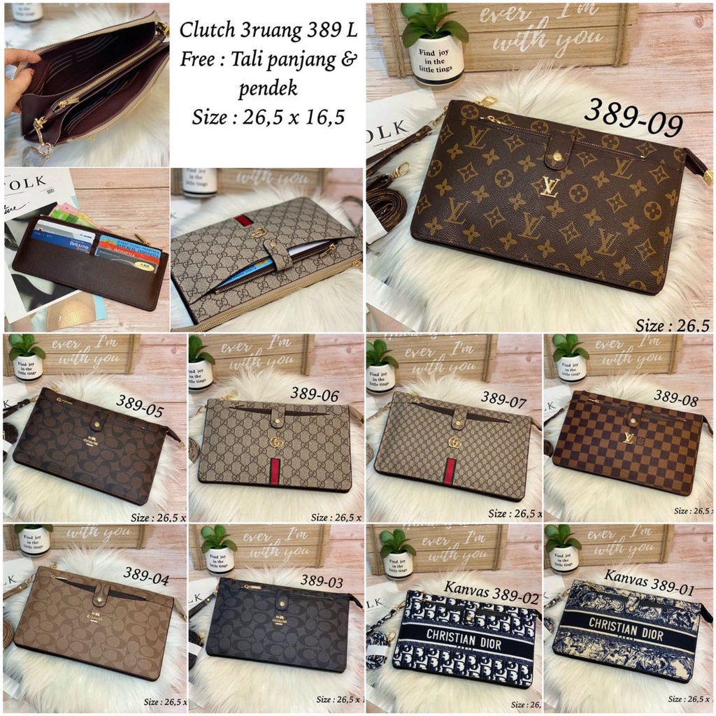 Cluctch 389-1 import 3 ruang free tali panjang dan pendek uk 26.5x16.5cm