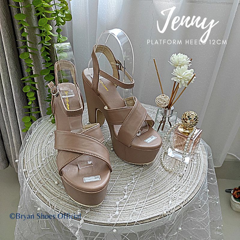 Bryan Jenny Dove Platform Heels Silang 12cm Hak Tahu Kelom Berkualitas Mocca Hitam Sol Tebal