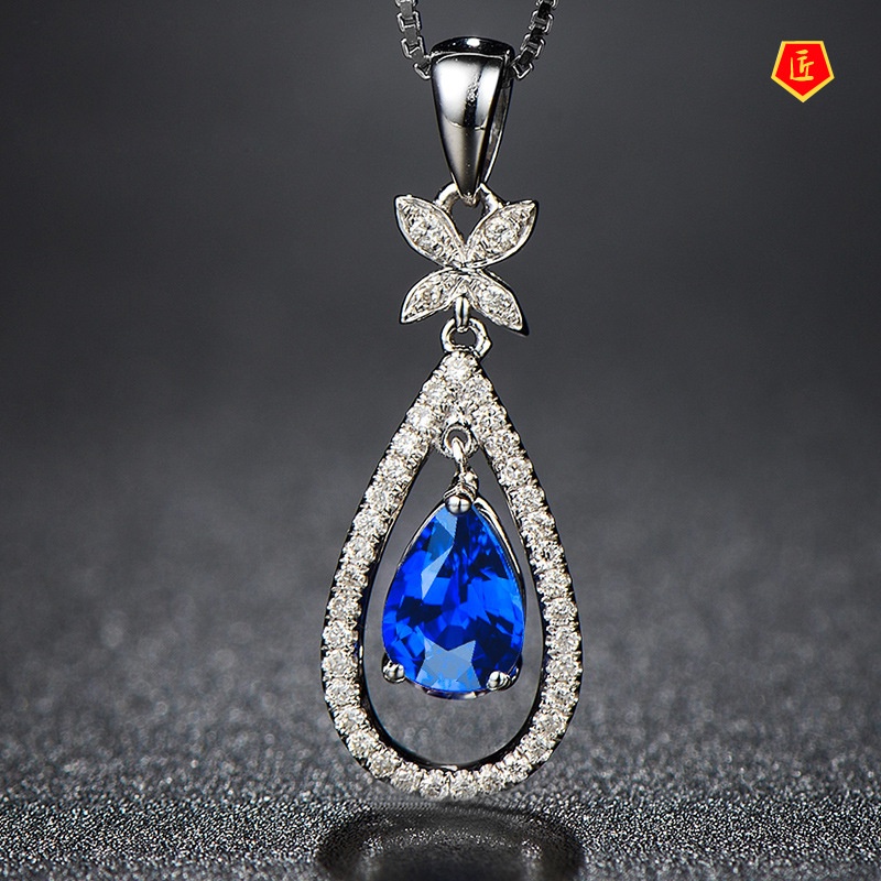 [Ready Stock]Micro Inlaid Zircon Pear-Shaped Sapphire Butterfly Pendant Luxury High-End