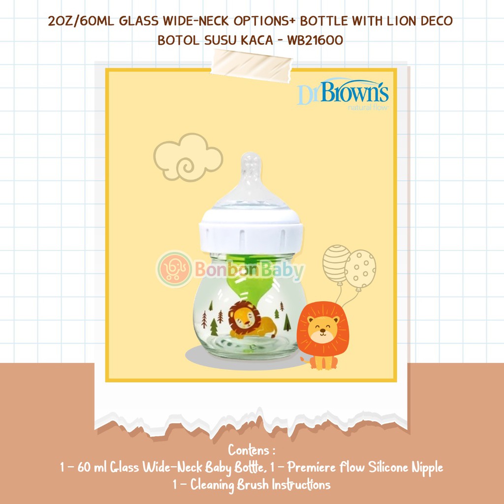 Dr. Brown's Glass Wide Neck Option+ Lion Deco 60ml WB-21600 Botol Susu Kaca