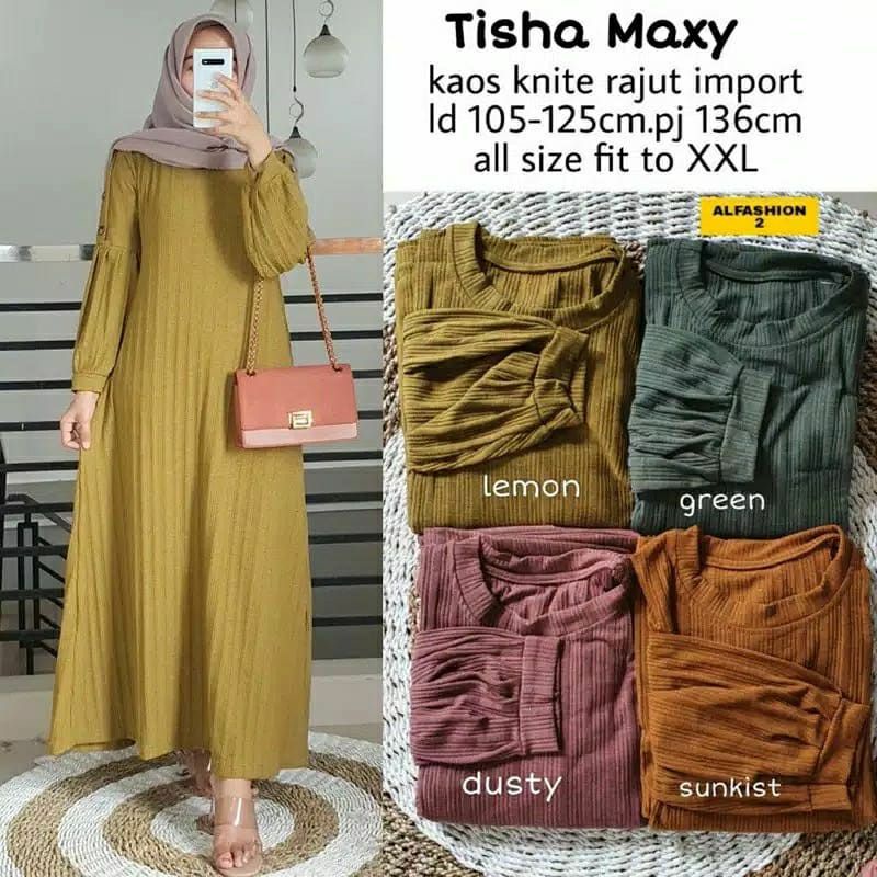 Gamis Tisha Maxy Ld 105-125 pb 136 Kaos Rajut Import Premium Murah Keren Best seller Melar