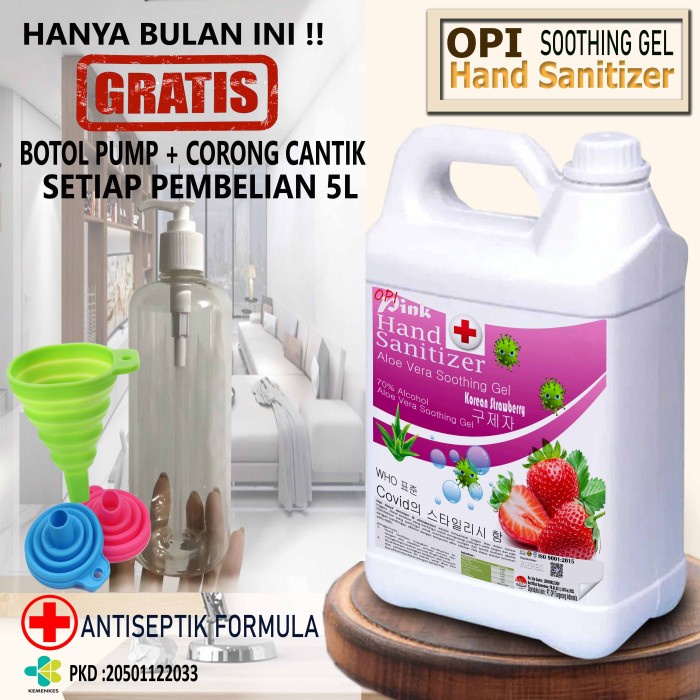 Hand Sanitizer Gel 5 Liter stroberi dan lainnya Bonus Botol dan Corong Promo berlaku hanya bulan ini saja, ayo buruan sebelum habis periode promo sudah ada izin edar resmi by Oke sabun suplayer