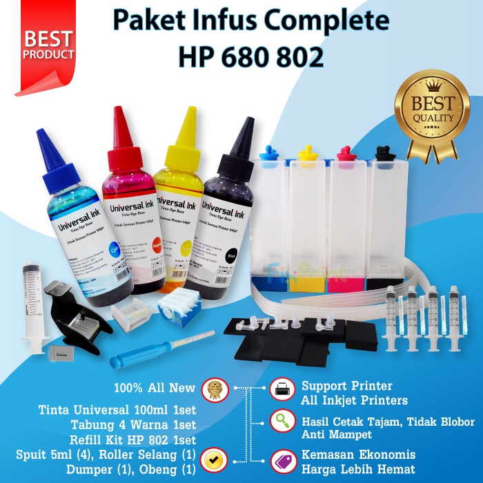 Paket Tinta Tabung Infus Dumper Obeng Bor Refill Kit HP 680 682 Printer Deskjet 2135 2335 2336 2337