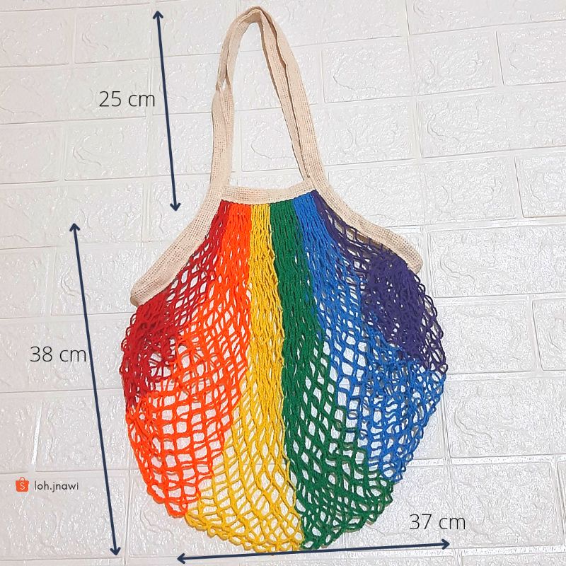 Tas Belanja Jaring Katun Motif Rainbow Tas Jaring Tas Pantai Reusable Bag Cotton Mesh Bag Net Bag Grocery Bag Fishing Net Tote Bag Tas Ramah Lingkungan