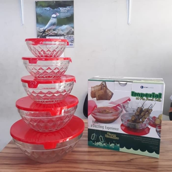 KIMGLASS BOWL IMPERIAL / MANGKOK KACA BERANAK SET TUTUP 5PCS / WADAH MAKAN KEDAP UDARA / SKU - TCPR0