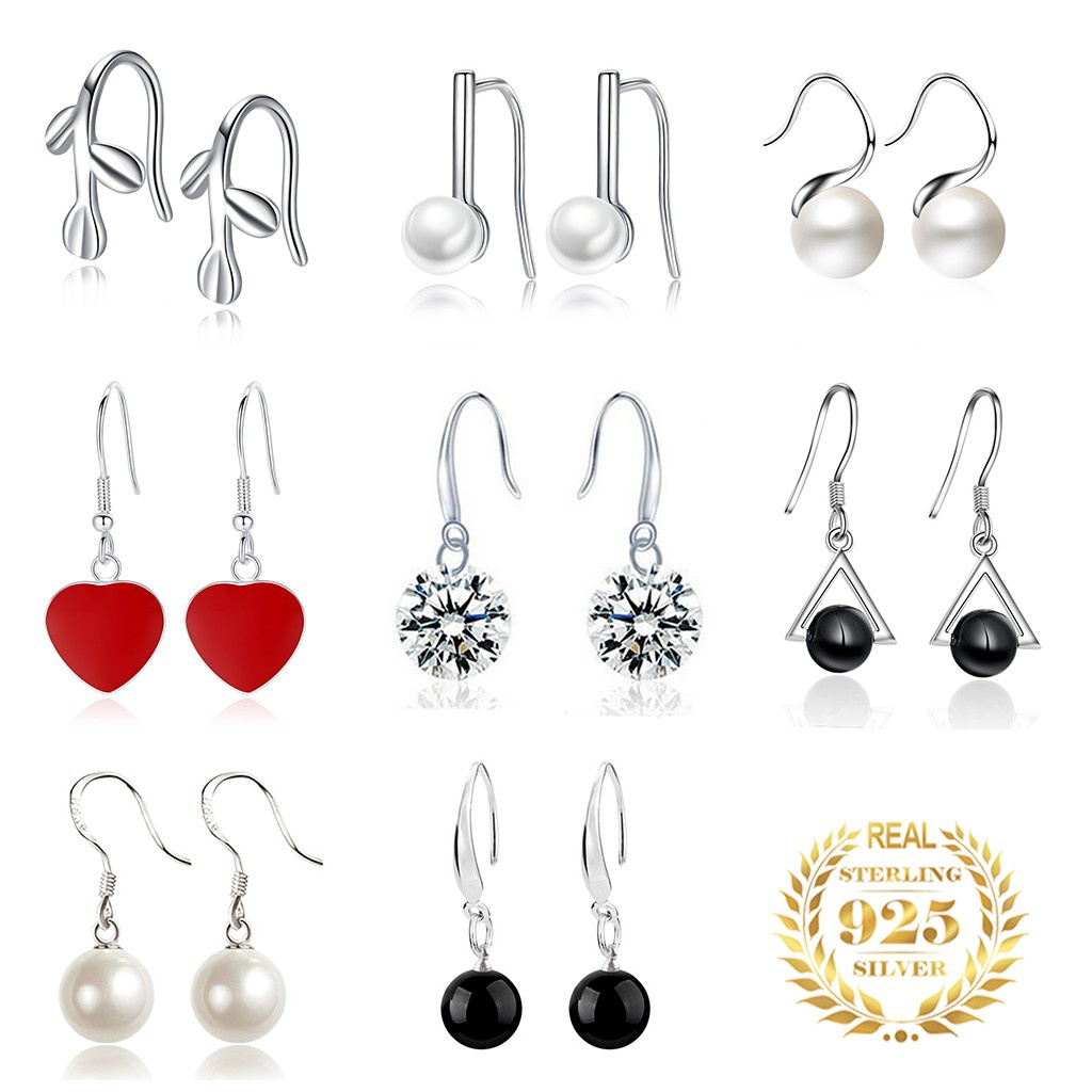 925 Perak Liontin Anting-Anting Perempuan Mutiara Cinta Gaya Korea Anting-Anting Ornamen