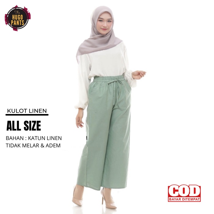 Celana Kulot Linen Highwaist Pinggang Karet Wanita Kekinian Bahan Katun Premium