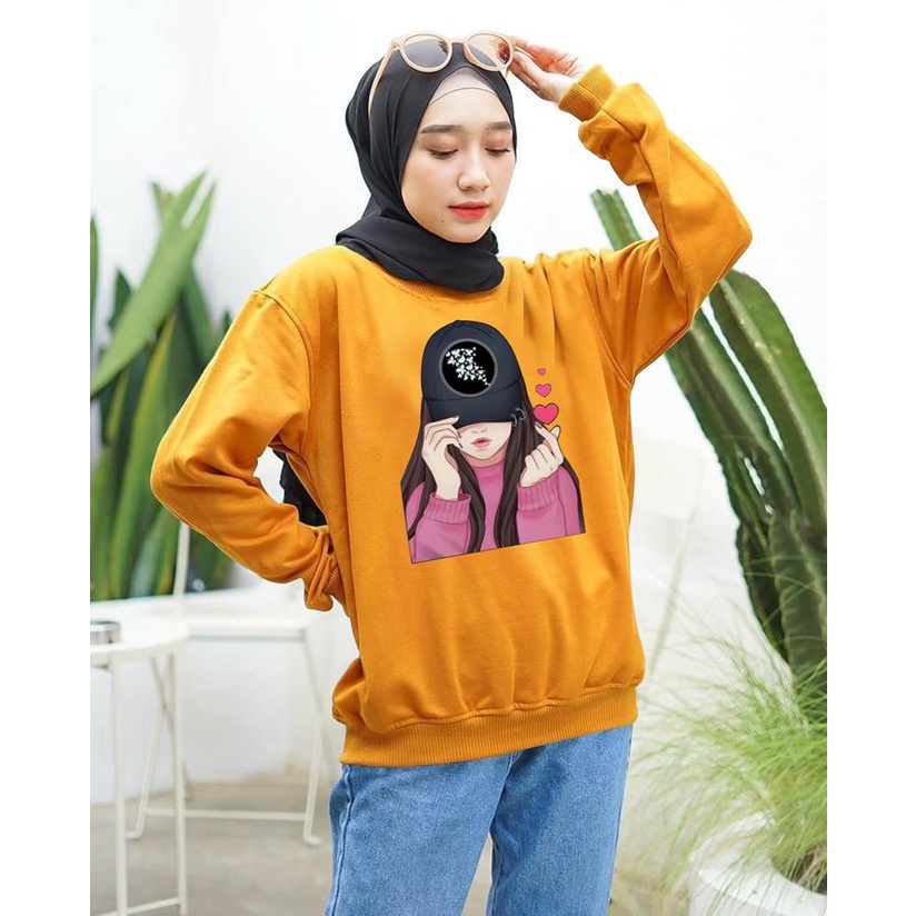 Kaos Lengan Panjang DTF CEWEK TOPI / Kaos Sweatshirt / Atasan Wanita / Atasan Wanita Lengan Panjang