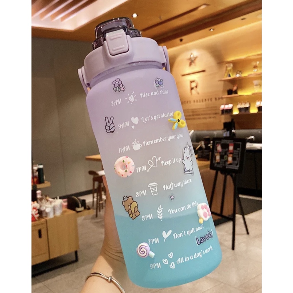 Botol Minum 2 Liter 2000ML VIRAL 2L Korea Penanda Waktu Lucu Unik Warna Gradasi WITH STIKER 3D