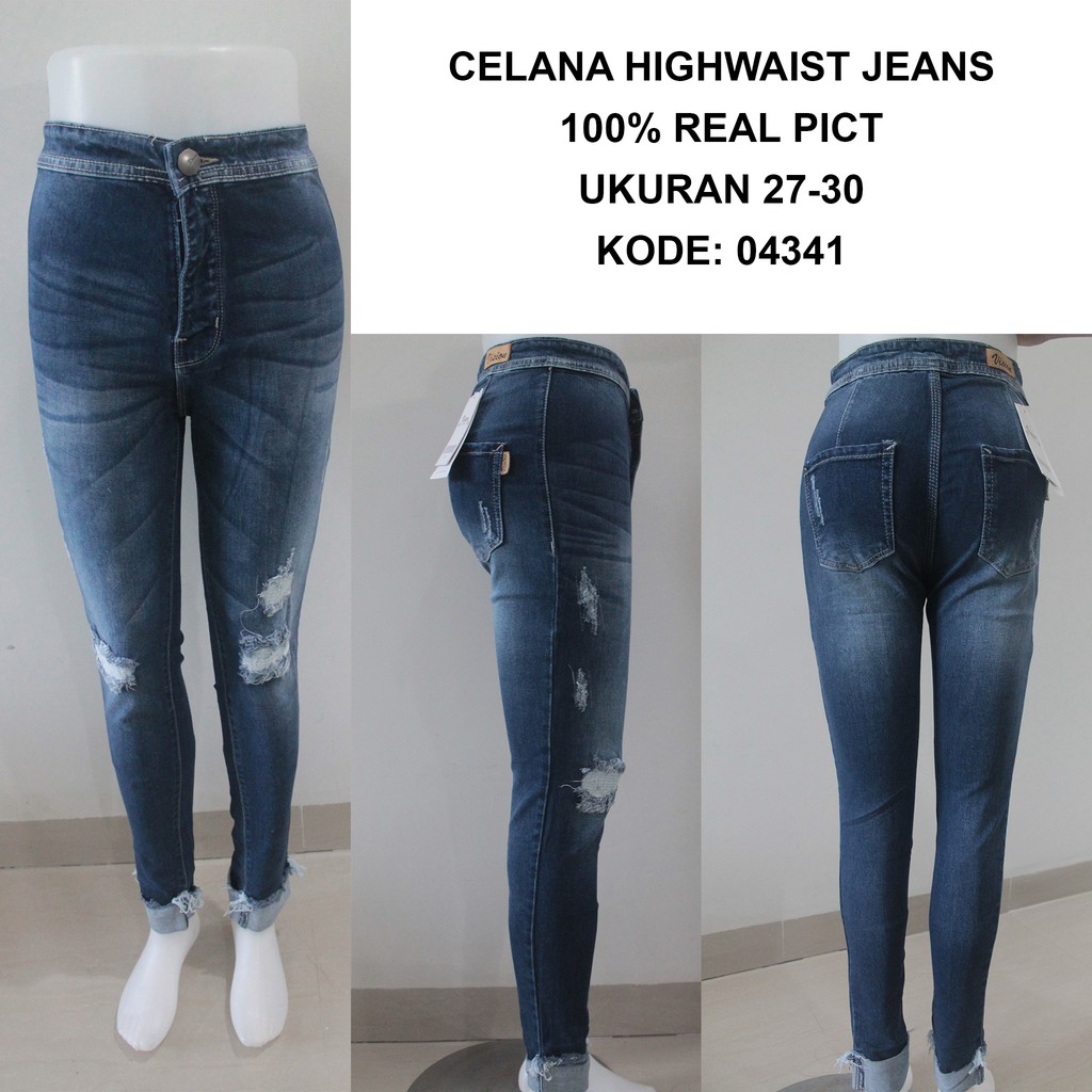 Celana Highwaist Jeans Wanita/High Waist Jeans/Sobek Tidak Tembus