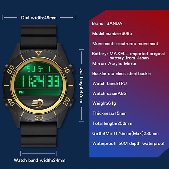 SANDA 6085 Jam Tangan Pria Digital Sport EL Backlight Tali Rubber Anti air WATCHKITE WKOS