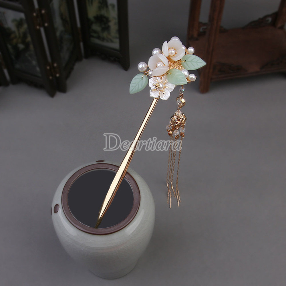 Costume Hanfu Simple Green Hairpin Headdress Ancient Style Hair Accessories Hairpin Super Fairy Single Hairpin Hairpin Tassel Pearl Disc Hair