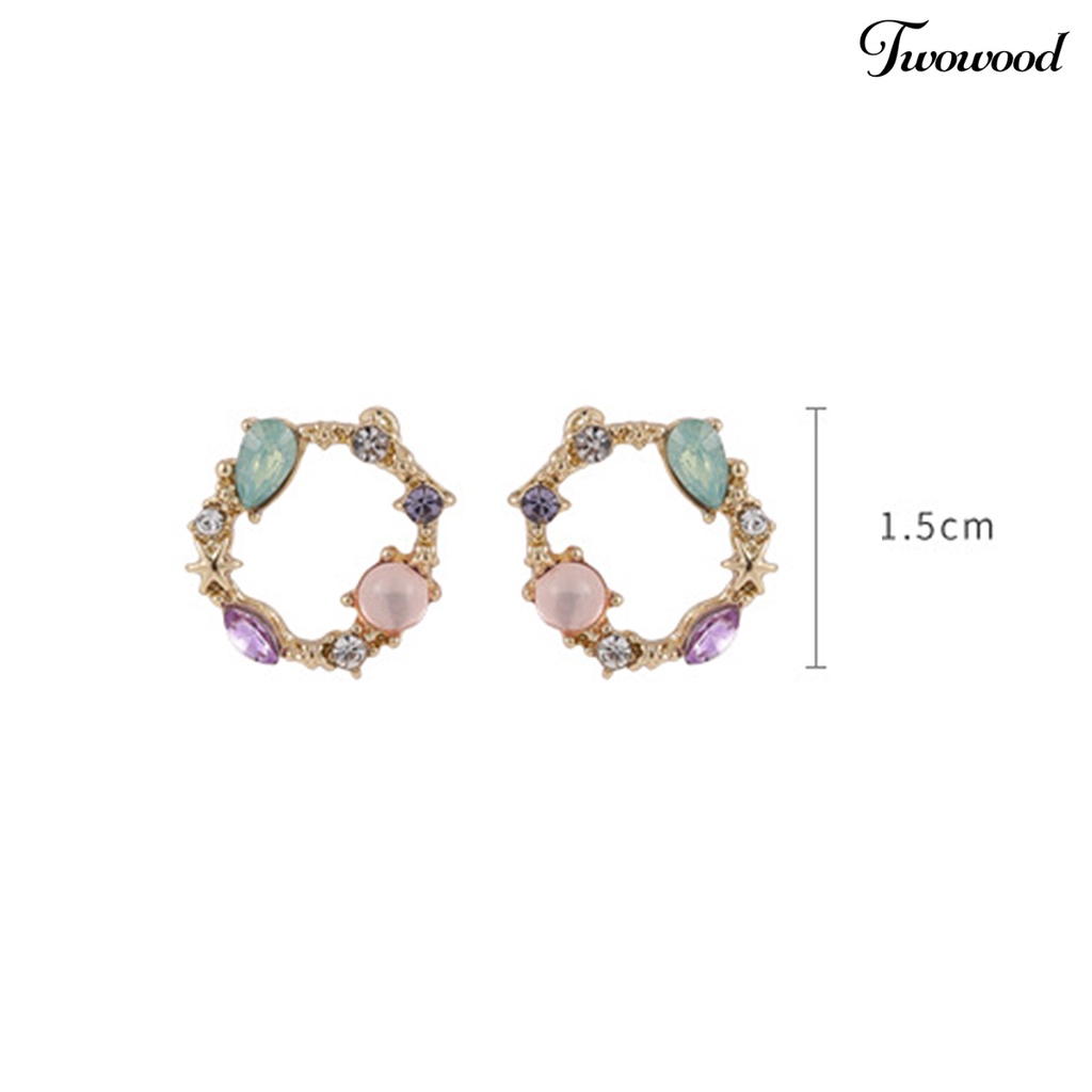 Twowood 1 Pair Alloy Studs Earrings Exquisite Geometric Rhinestone Wreath Piercing Ear Studs for Daily Life