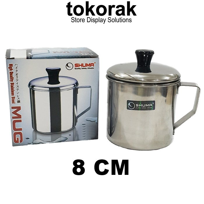 MUG STAINLESS STEEL 8 , 10 , 12 CM + TUTUP SHUMA - CANGKIR GELAS TEBAL