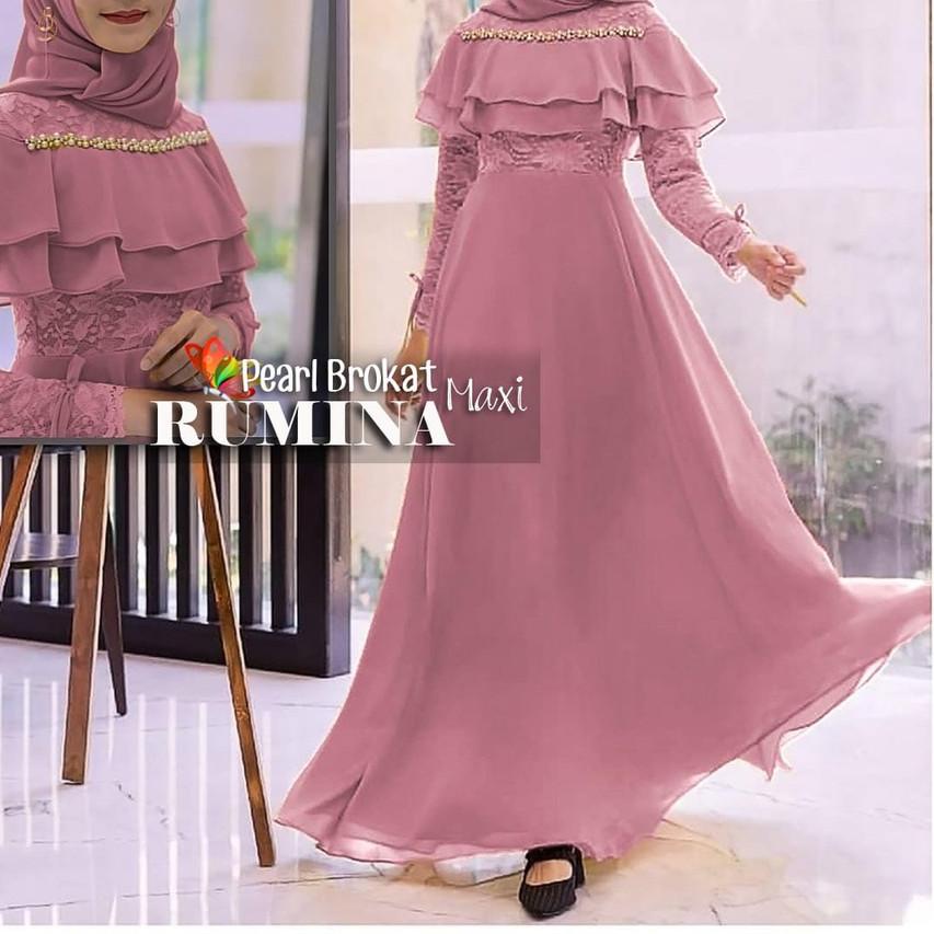 ♛ GAMIS DRESS MUSLIM RUMINA BRUKAT PEARL | MAXI DRESS MURAH MOSCREPE BROKAT AKSEN MUTIARA MEWAH ♜