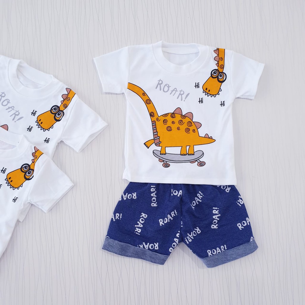 setelan pakaian casual anak laki laki  motif dino