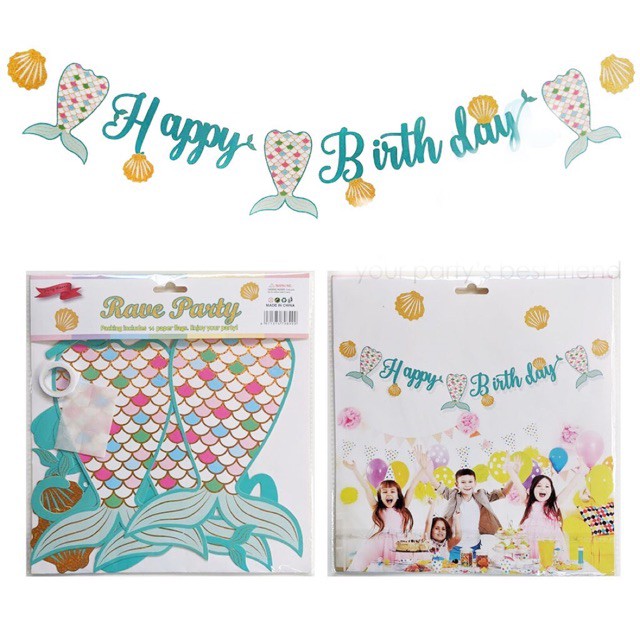 BUNTING FLAG BACKDROP BANNER HBD MERMAID ULANG TAHUN