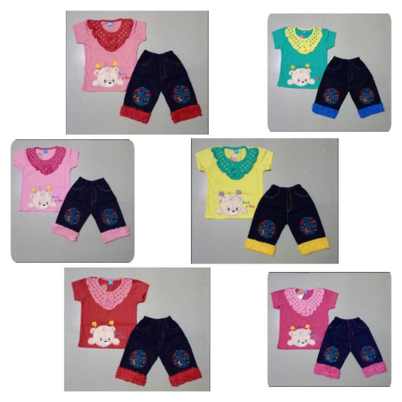 baju setelan anak perempuan / baju & celana levis bulu / motif bordir umur 2 - 3 tahun