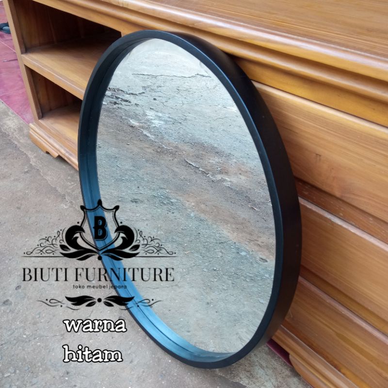 cermin bulat black - cermin dinding hitam - kayu jati diameter 60 cm