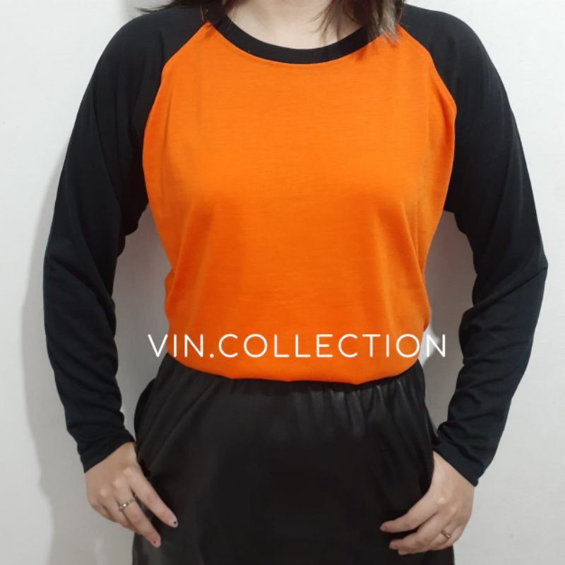 QH Kaos polos raglan pria wanita - orange kombinasi hitam